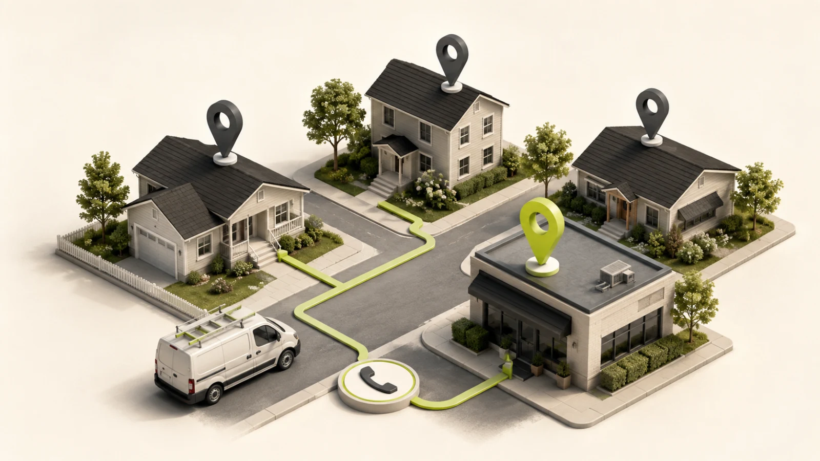 A local service van connecting homes, a storefront, map locations and a phone call