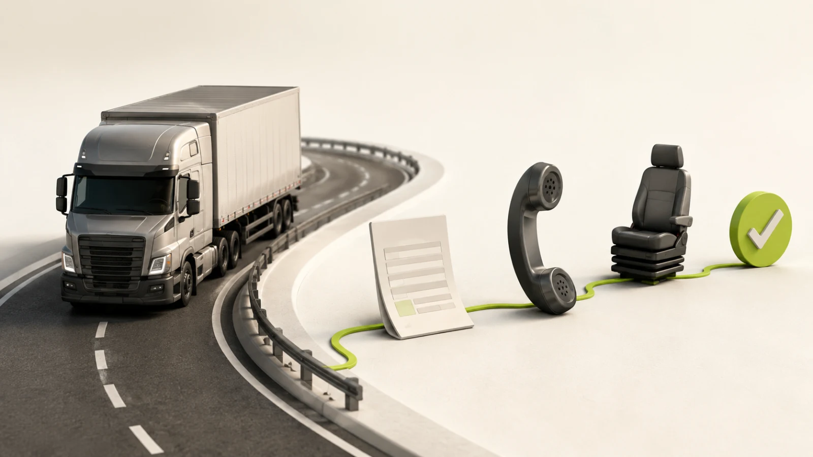A semi-truck connected to an application, phone screening, driver seat and approval