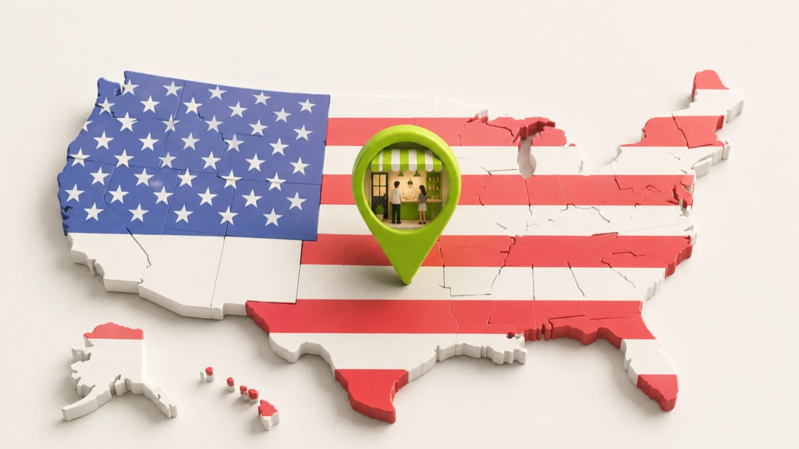 A map of the United States with a local business location marker
